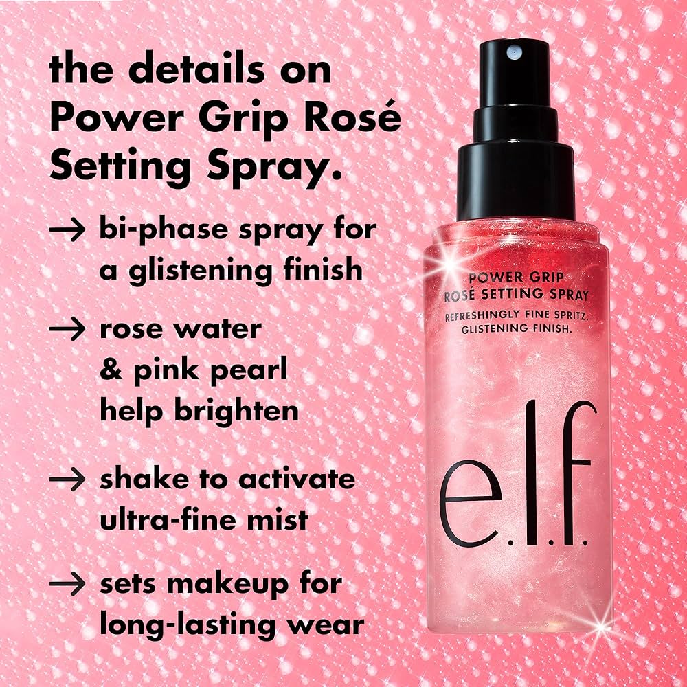 e.l.f. Power Grip Rosé - Spray fijador, acabado brillante y cristalino